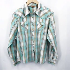 Wrangler Plaid Western Show Shirt Pearl Snap Aqua
